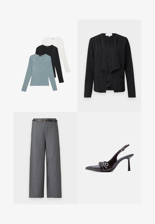 Sort blazer lavet af glat stof med draperet front, lange ærmer og to sidelommer. Minimalistisk design uden knapper eller udsmykninger.; Tre langærmede toppe i lys blå, sort og hvid. Designet har en rund udskæring og en blød, let stoftekstur.; Grå bukser med vide ben og høj talje, kombineret med et slankt sort bælte med en lille guldbuk.; Sort slingback højhælet sko i laklæder med spids tå og tre dekorative spænder over vristen.