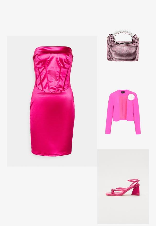 Lyserød, kort blazer med lange ærmer og åben front, pyntet med en hvid stofblomst på venstre bryst.; WAL G. MILLA CORSET - Cocktailkjole / festkjole - fuchsia; Lyserøde patenterede læderhælede sandaler med firkantet tå, smalle stropper og en geometrisk blokhæl. Har en spænde detaljer på stroppen.; Rosa mesh håndtaske med et geometrisk design i sort, lynlåslukning og et rundt håndtag lavet af metalliske perler.