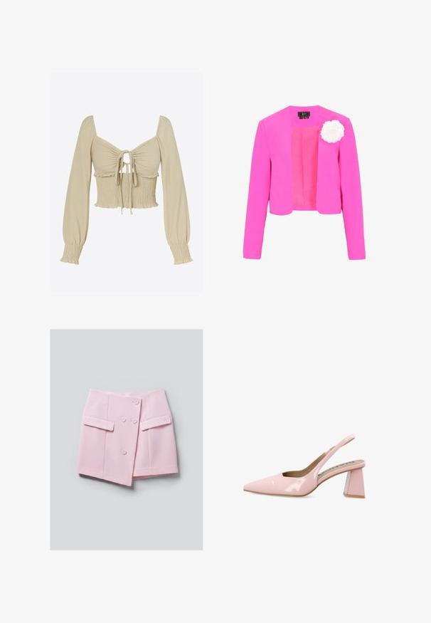 Lyserød, kort blazer med lange ærmer og åben front, pyntet med en hvid stofblomst på venstre bryst.; Lysebeige cropped top i glat stof; har lange, puffede ærmer, ét sammentrukket bryst med bindefront og smockdetalje ved taljen.; Lyserød nederdel med dobbeltradet knaplukning foran og to vandrette klaplommer på en ensfarvet grå baggrund.; Bianco Pumps - dusty pink