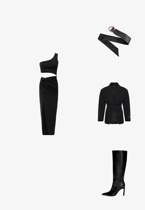 Zwarte op maat gemaakte blazer met brede revers, enkele knoopsluiting en twee voorste sleufzakken, met het label WRSTBHVR op de mouw en de kraag.; Zwart twee-delig outfit met een één-schouder crop top en hoge taille rok met een gedraaide detail en een zijsplit. Glad materiaal.; Zwart leren laars tot de knie met een spitse neus, hoge stilettohak, een gladde afwerking en een eenvoudig, slank ontwerp zonder versieringen.; Zwarte leren riem met een grote afgeronde rechthoekige koperen gesp en puntige uiteinden, plat uitgestald op een witte achtergrond.