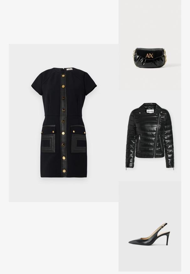 Sort quiltet dunjakke med diagonalt forreste lynlås, to lynlåslommer i siden, skjult knaplukning ved kraven og lynlåse ved manchetterne, mærket DKNY JEANS.; Sort kjole med korte ærmer, guldknapper og læderdetaljer. Har to forlommer med tekstureret mønster.; Sorte læder slingback højhælede sko med spids tå, justerbar rem og en slank stiletto hæl, der har en glat finish.; Sort lakeret håndtaske med guldhardware. Har en afrundet form, plisseret design og en klaflukning. "AIX" logoet på fronten.
