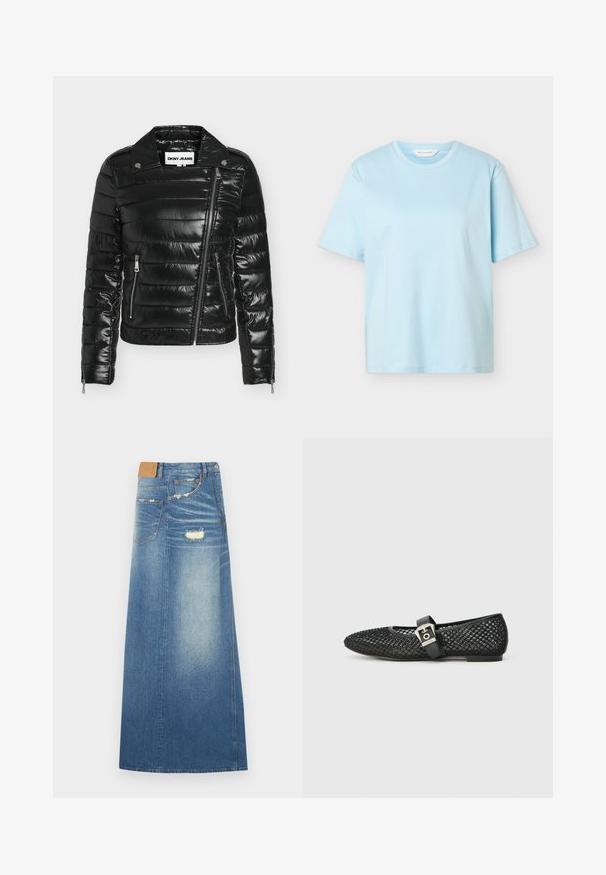 Sort quiltet dunjakke med diagonalt forreste lynlås, to lynlåslommer i siden, skjult knaplukning ved kraven og lynlåse ved manchetterne, mærket DKNY JEANS.; Lyseblå T-shirt med korte ærmer og rund hals, med subtilt logo i midten af brystet, vist på en ensfarvet hvid baggrund.; Denim maxi nederdel i lyseblå med høj talje, slidte detaljer, lommer og lige silhuet, lavet af bomuldsstof.; Sorte balletflade sko i mesh med spids tå, flad hæl og spænde over anklen; tekstureret overflade med et vævet mønster.