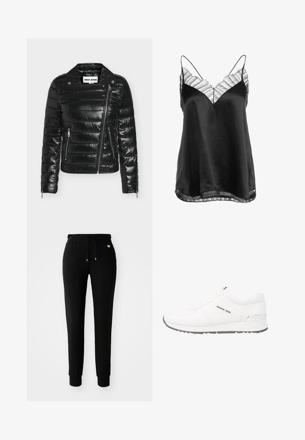 Doudoune noire matelassée avec fermeture éclair diagonale à l'avant, deux poches latérales zippées, col à pression et poignets zippés, étiquetée DKNY JEANS.; Camisole en satin noir avec un décolleté en V et une bordure en dentelle rayée transparente le long du col et de l'ourlet, avec de fines bretelles ajustables.; Pantalons de survêtement noirs fuselés avec taille élastique à cordon de serrage et chevilles côtelées, présentés sur un fond blanc uni.; Baskets en cuir blanc avec une texture lisse, semelle en caoutchouc grise, sept œillets et un accent argenté sur le talon. Logo affiché sur le côté.