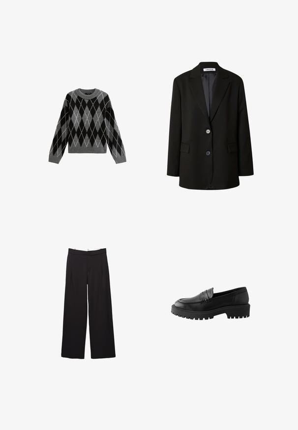Blazer noir en tissu lisse, avec un revers cranté, deux boutons et deux poches frontales pour un look structuré.; Pull en tricot argyle gris et noir avec col rond, manches longues et ourlet côtelé, présentant des contours de losanges blancs. Texture douce.; Pantalon large noir à plis avant avec passants pour ceinture, coupe ajustée, taille moyenne, et fermeture avant dissimulée.; Mocassin en cuir noir avec un bout arrondi, détail de couture surélevé, et semelle en caoutchouc épaisse avec des crans profonds pour une meilleure traction.