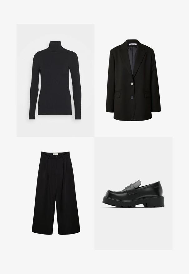 Blazer noir en tissu lisse, avec un revers cranté, deux boutons et deux poches frontales pour un look structuré.; Pull noir à col roulé côtelé, doté de longues manches et d'une silhouette près du corps. La texture est lisse avec un motif de côtes horizontal.; Pantalon noir à jambes larges avec taille haute, présentant des plis à l'avant, deux poches latérales et une fermeture par bouton. Texture de tissu lisse.; Mocassins en cuir noir avec une semelle épaisse et texturée, dotés d'une sangle sur le vamp et d'une finition lisse et polie.