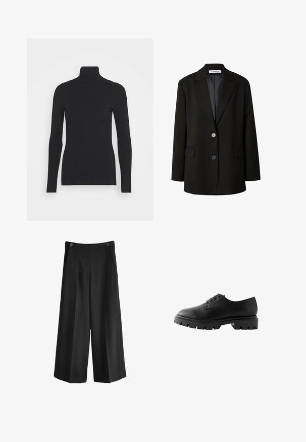 Blazer noir en tissu lisse, avec un revers cranté, deux boutons et deux poches frontales pour un look structuré.; Pull noir à col roulé côtelé, doté de longues manches et d'une silhouette près du corps. La texture est lisse avec un motif de côtes horizontal.; Pantalons larges noirs à taille haute, en tissu lisse. Avec deux poches avant et deux boutons à la taille.; Chaussure en cuir noir avec un bout rond, six œillets, lacets plats et une semelle en caoutchouc épaisse avec des motifs de semelle profonds.