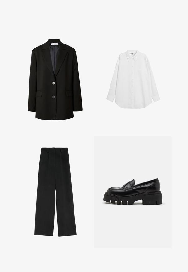 Blazer noir en tissu lisse, avec un revers cranté, deux boutons et deux poches frontales pour un look structuré.; Chemise blanche à manches longues avec un col pointu, une patte de boutonnage et une poche. Fabriquée en tissu léger avec une coupe légèrement décontractée.; Pantalons larges noirs à taille haute, avec deux plis à l'avant, des passants de ceinture et une texture lisse. Sans poches ni matériel visible.; Mocassins en cuir noir avec une semelle plateforme épaisse et texturée, et une sangle décorative sur le dessus. Fini lisse et brillant.