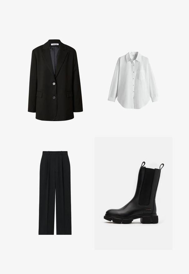 Zwarte blazer van soepel materiaal, met een gelapte revers, twee knopen en twee voorzakken voor een gestructureerde uitstraling.; Wit overhemd met lange mouwen, knopen, kraag en borstzak, weergegeven op een effen witte achtergrond.; Reiss PETITE FIT - EDEN ELASTICATED WAIST WIDE - Broek - navy; Zwarte leren enkellaars met elastische zijpanelen, chunky rubberen zool en trekflappen. Bevat subtiele branding die op de zijkant is geperst.