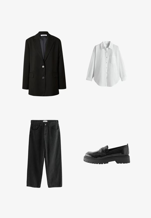 Schwarzer Blazer aus glattem Stoff mit einem Reverskragen, zwei Knöpfen und zwei vorderen Taschen für einen strukturierten Look.; Weißes langärmeliges Hemd mit Knopfleiste, Kragen und Brusttasche, dargestellt auf einem schlichten weißen Hintergrund.; Schwarze, weit geschnittene Denim-Jeans mit mittelhoher Taille, die über zwei Fronttaschen, einen Knopfverschluss und dezente Nähedetails verfügt.; Schwarze Lackleder-Slipper verfügen über eine niedrige Plateausohle mit einer robusten Profilsohle und einer genähten Detail über dem Mittelfuß.