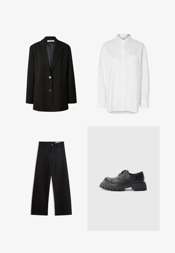 Schwarzer Blazer aus glattem Stoff mit einem Reverskragen, zwei Knöpfen und zwei vorderen Taschen für einen strukturierten Look.; Weißes Langarmhemd mit Knopfleiste, spitzem Kragen und Brusttasche, vor einfarbigem Hintergrund gezeigt.; Schwarze weit geschnittene Jeans mit hoher Taille, ausgestattet mit Vorder- und Hintertaschen, gesteppten Nähten und einem Knopfverschluss. Glatte Textur.; Schwarze Schnürschuhe mit runder Zehenform, robuster Gummisohle und großem Profilmuster. Aus glattem Leder mit kontrastierenden Nähten gefertigt.