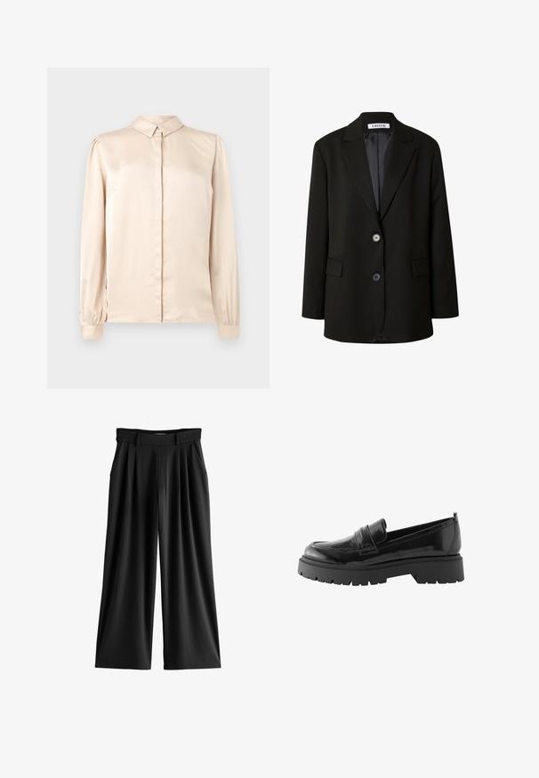 Zwarte blazer van soepel materiaal, met een gelapte revers, twee knopen en twee voorzakken voor een gestructureerde uitstraling.; Beige satijnen overhemd met lange mouwen, met een button-down kraag, een voorplat en gathering in de mouwen bij de manchetten. Glad, glanzend textuur.; Zwarte broek met wijde pijpen, plooien, zijzakken en een tailleband met riemlussen.; Zwarte lakleren loafers hebben een laag platformzool met een robuuste profiel en een gestikte detail over de middenvoet.
