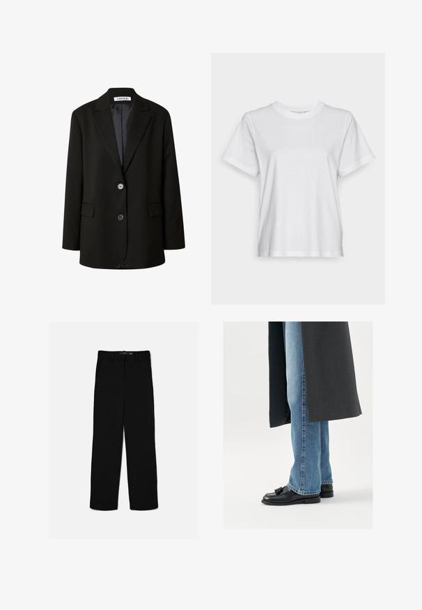 Zwarte blazer van soepel materiaal, met een gelapte revers, twee knopen en twee voorzakken voor een gestructureerde uitstraling.; Witte katoenen t-shirt met korte mouwen, ronde hals en een ontspannen pasvorm. Soepele textuur, zonder patroontjes of graphics, basisontwerp.; Zwarte broek met rechte pijpen, riemlussen, ritssluiting aan de voorkant en zijzakken, plat gelegd tegen een lichte achtergrond.; Zwarte leren instappers met kwastjes, gedragen met lichtblauwe rechtlopende jeans, aangevuld met een donkergrijze jas. Schone lijnen en textiel met structuur.