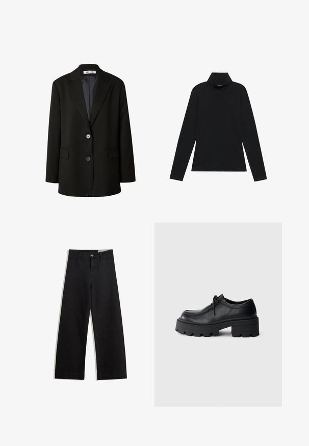 Schwarzer Blazer aus glattem Stoff mit einem Reverskragen, zwei Knöpfen und zwei vorderen Taschen für einen strukturierten Look.; Schwarzes langärmeliges Rollkragenshirt. Weicher Stoff, enganliegendes Design, hoher Kragen und seitliche Nähte. Schlichter und vielseitiger Stil, der sich gut für das Layering eignet.; Schwarze weit geschnittene Jeans mit hoher Taille, ausgestattet mit Vorder- und Hintertaschen, gesteppten Nähten und einem Knopfverschluss. Glatte Textur.; Schwarze Leder Schnürschuhe mit einer dicken, strukturierten schwarzen Gummisohle und einer runden Spitze. Verfügt über dezente Stickdetails.