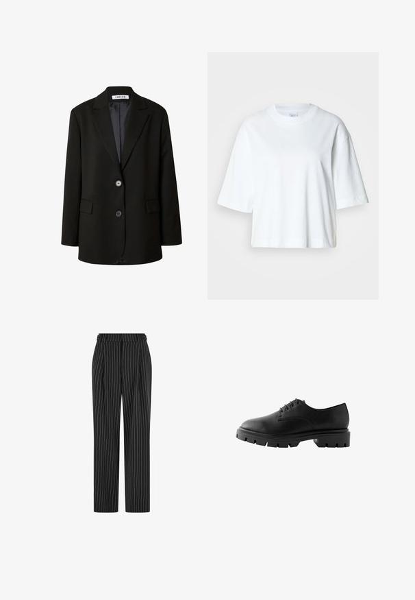 Schwarzer Blazer aus glattem Stoff mit einem Reverskragen, zwei Knöpfen und zwei vorderen Taschen für einen strukturierten Look.; Weißes, kurz geschnittenes T-Shirt mit kurzen Ärmeln und Rundhalsausschnitt, aus weichem Baumwollmaterial, mit einem einfachen und klaren Design.; Schwarze Nadelstreifenhose mit hoher Taille, gefaltetem Vorderteil und geradem Bein. Der Stoff wirkt strukturiert und ist maßgeschneidert für einen formellen Look.; Schwarzer Lederschuh mit abgerundetem Zehenbereich, sechs Ösen, flachen Schnürsenkeln und einer stabilen Gummisohle mit tiefen Profilmustern.