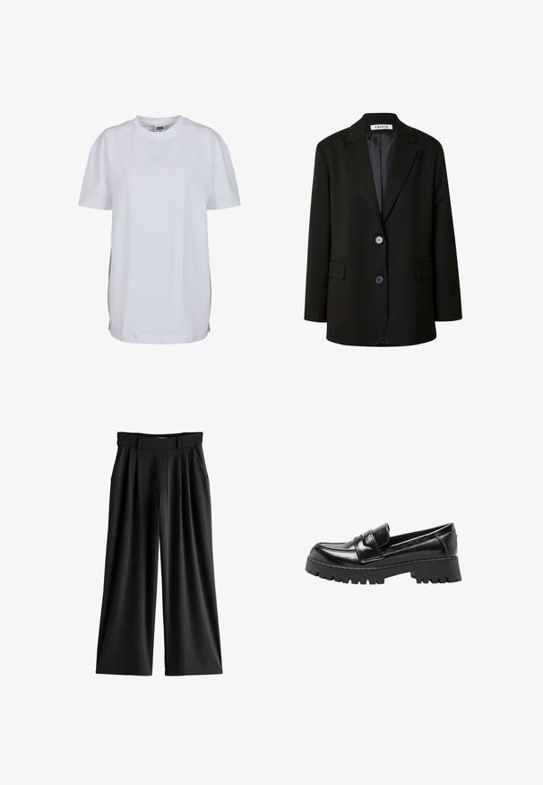 Zwarte blazer van soepel materiaal, met een gelapte revers, twee knopen en twee voorzakken voor een gestructureerde uitstraling.; Effen wit T-shirt met korte mouwen en ronde hals, met een rechte zoom en een klein zichtbaar merklabel binnenin de kraag.; Zwarte broek met wijde pijpen, plooien, zijzakken en een tailleband met riemlussen.; Zwarte leren loafer met dikke profielzool en lage hak, met een bandje over de wreef en een moc toe ontwerp.