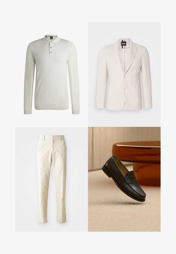 Lys beige blazer lavet af struktureret stof, med en notch revers, to forlommer og en enkelt knaplukning. Mærketikette synlig indeni.; BOSS LANCIONE - Striktrøje - open white eleven; Lys beige skræddersyede bukser med et tekstureret mønster, lige pasform og medium høj talje, der har bæltestropper og ingen synlige lommer.; Sort læder loafer-sko hængende over beige tæppe med ravfarvet moderne møblement i baggrunden.