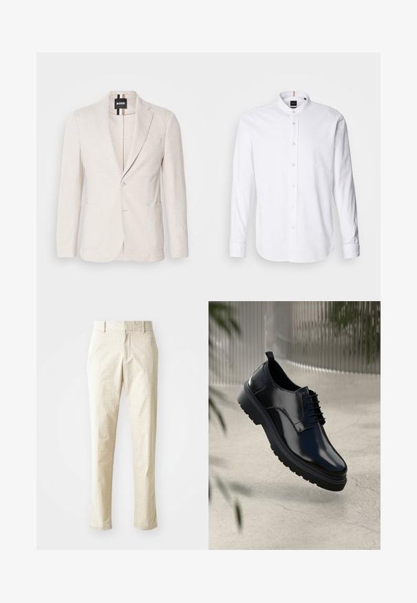 Lys beige blazer lavet af struktureret stof, med en notch revers, to forlommer og en enkelt knaplukning. Mærketikette synlig indeni.; Hvid langærmet skjorte med bandkrave, knaplukning fortil og rund kant. Lavet af bomuld, med en glat struktur og subtil glans.; Lys beige skræddersyede bukser med et tekstureret mønster, lige pasform og medium høj talje, der har bæltestropper og ingen synlige lommer.; Sorte lædersko med en blank overflade, rund tå, snøredesign, kontrastsyninger og en tyk gummisål med mønster.