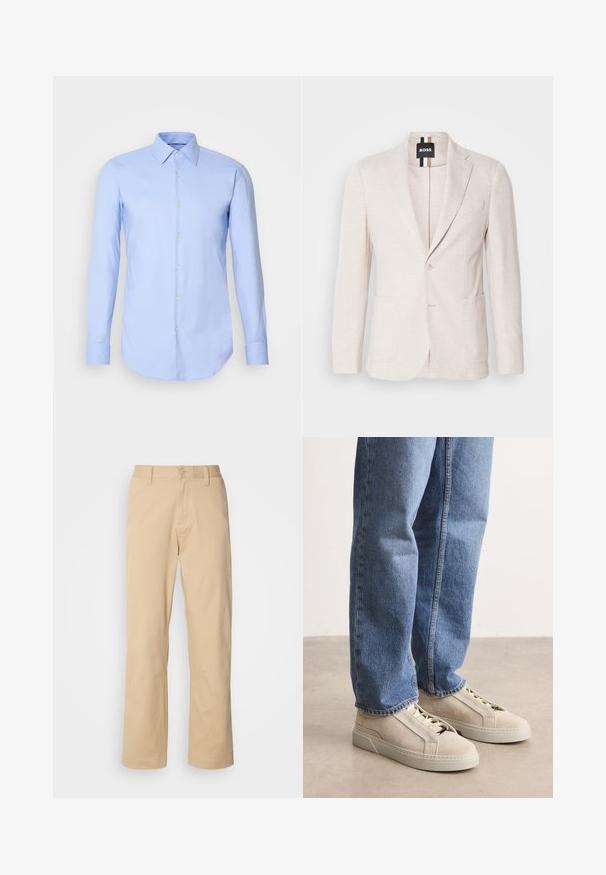 Lichtbeige blazer gemaakt van textuurstof, met een notch-lapel, twee voorzakken en een enkel knoopsluiting. Merktag zichtbaar aan de binnenkant.; Lichtblauw shirt met lange mouwen van katoen, met een knoopsluiting aan de voorkant, kraag en afgeronde zoom. Gladde textuur zonder patronen.; HUGO ZAYN - Broek - medium beige; BOSS GARYTENN_SDHDEL - Sneakers laag - natural ten