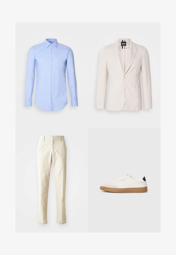 Lichtbeige blazer gemaakt van textuurstof, met een notch-lapel, twee voorzakken en een enkel knoopsluiting. Merktag zichtbaar aan de binnenkant.; Lichtblauw shirt met lange mouwen van katoen, met een knoopsluiting aan de voorkant, kraag en afgeronde zoom. Gladde textuur zonder patronen.; Lichtbeige op maat gemaakte broeken met een gestructureerd patroon, rechte pasvorm en een middelhoge tailleband, voorzien van riemlussen en zonder zichtbare zakken.; Witte sneakers met beige accenten, bovenwerk van glad leer, ronde neus en rubberen gumzool, met een zwarte hieltab en subtiele branding.