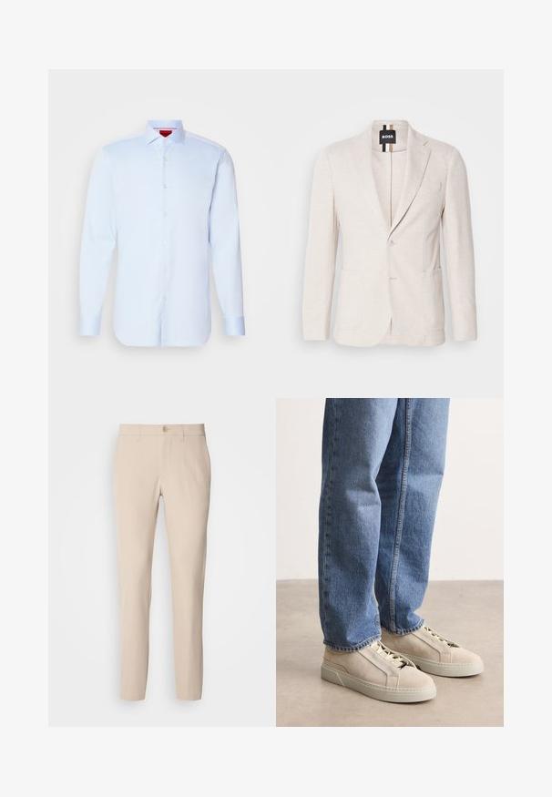 Lys beige blazer lavet af struktureret stof, med en notch revers, to forlommer og en enkelt knaplukning. Mærketikette synlig indeni.; Lyseblå langærmet skjorte med knapper, spredt krave, rund kant og hvide knapper. Glat stof med en subtil glans.; Beige bukser lavet af blødt stof, med knaplukning, lige snit og sidelommer. Glat tekstur med minimale syninger.; BOSS GARYTENN_SDHDEL - Sneakers - natural ten