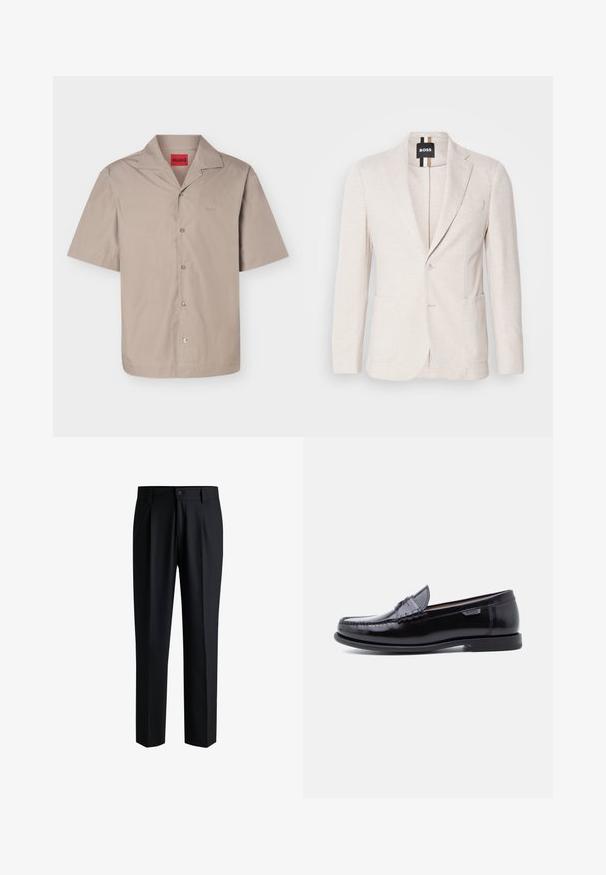 Blazer beige clair en tissu texturé, avec un col cranté, deux poches avant et une fermeture à un bouton. Étiquette de marque visible à l'intérieur.; Chemise beige à manches courtes avec boutons et col campagnard, portant une étiquette rouge "HUGO" à l'intérieur du col.; Pantalons noirs en tissu lisse, avec une coupe droite, des plis à l'avant et une fermeture à bouton avec passants de ceinture.; Mocassins en cuir noir avec une finition brillante, présentant un motif cousu sur l'avant-pied et une semelle en caoutchouc noire texturée et basse.