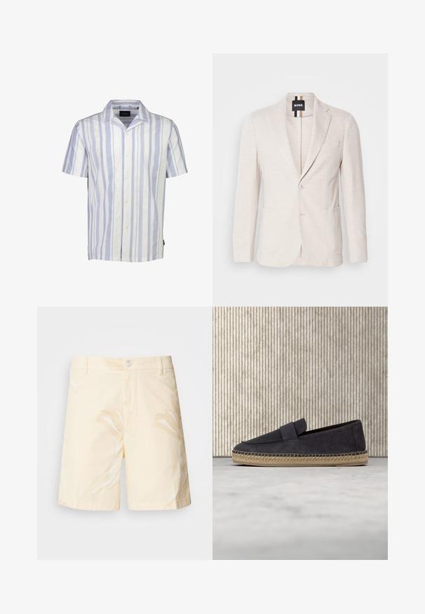 Lys beige blazer lavet af struktureret stof, med en notch revers, to forlommer og en enkelt knaplukning. Mærketikette synlig indeni.; Kortærmet button-up skjorte i hvid og lyseblå lodrette striber. Fremstillet af letvægtigt stof med klassisk krave og fem knapper.; Bomuldsshorts i lys gul med blomstermønster. Har en knaplukning, frontlommer og en lige pasform med opretstående kanter.; Marineblå mokkasiner i ruskind med flettet jutesål svævende over beige tæppe, med gennemsigtige ravfarvede møbler i baggrunden.