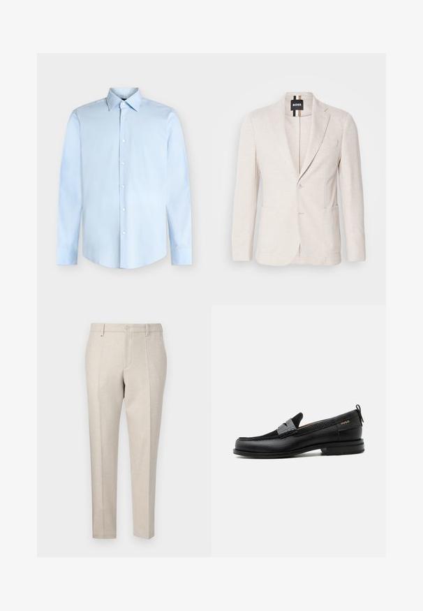 Blazer beige claro hecho de tela texturizada, con solapas de muesca, dos bolsillos frontales y cierre de un botón. Etiqueta de la marca visible en el interior.; Camisa de vestir de hombre azul claro de manga larga con cierre de botones en la parte delantera y cuello puntiagudo, mostrada sobre un fondo blanco.; Pantalones beige ajustados de tela texturizada, con un corte clásico, pliegues planchados y bolsillos frontales.; Mocasín de cuero negro con detalle de tira gris, tacón bajo y suela texturizada, con la marca "HUGO" en oro en el lateral.