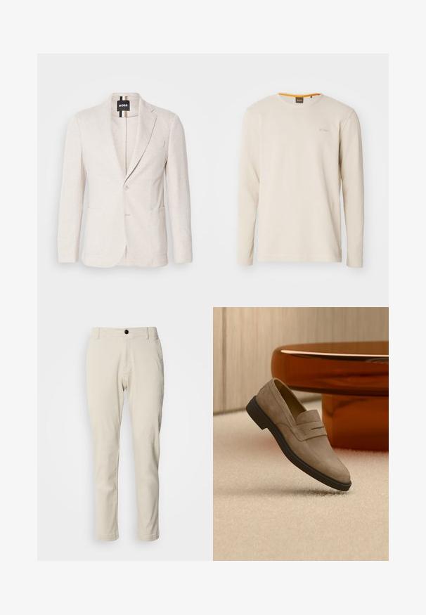 Lichtbeige blazer gemaakt van textuurstof, met een notch-lapel, twee voorzakken en een enkel knoopsluiting. Merktag zichtbaar aan de binnenkant.; Lichtbeige langemouwen t-shirt gemaakt van gestructureerde stof. Heeft een ronde hals en een klein logo op de borst met een oranje accent binnen de kraag.; Beige chino's met een rechtstaande pijp, gemaakt van zachte katoenstof, voorzien van een rits en een enkele zwarte knoopsluiting.; Beige suède loafer met zwarte zool zwevend boven licht tapijt, naast een glanzende bruine ovale salontafel in een moderne kamer.