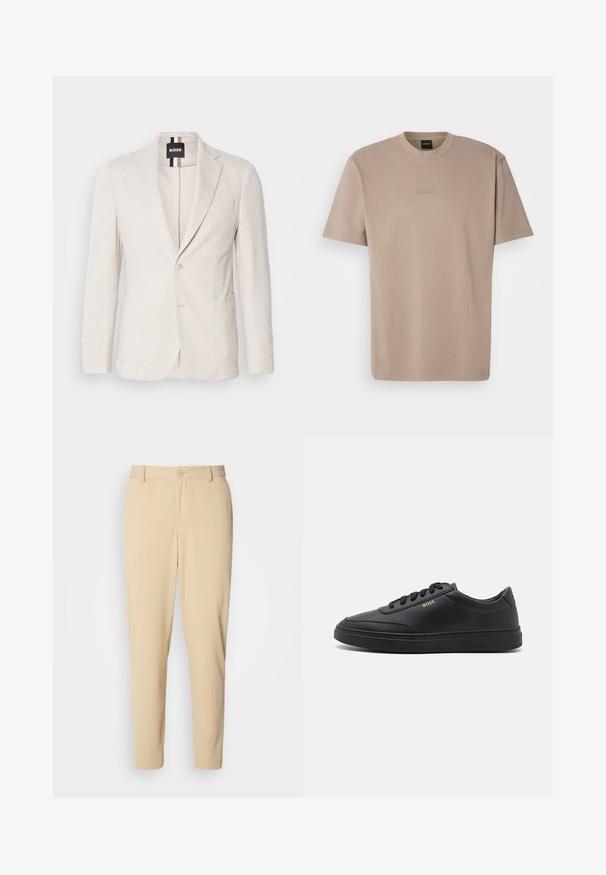 Lys beige blazer lavet af struktureret stof, med en notch revers, to forlommer og en enkelt knaplukning. Mærketikette synlig indeni.; Beige kortærmet t-shirt i blød bomuld med rund hals, der har et broderet "BOSS" logo på brystet.; Beige bukser med struktur i slim fit, med knaplukning foran, bæltestropper og sidelommer. Glat stoffinish.; Sorte lædersneakers med en glat overflade, rund tå, flad gummisål og tonede snørebånd. Udstyret med guld "BOSS" branding på siden.