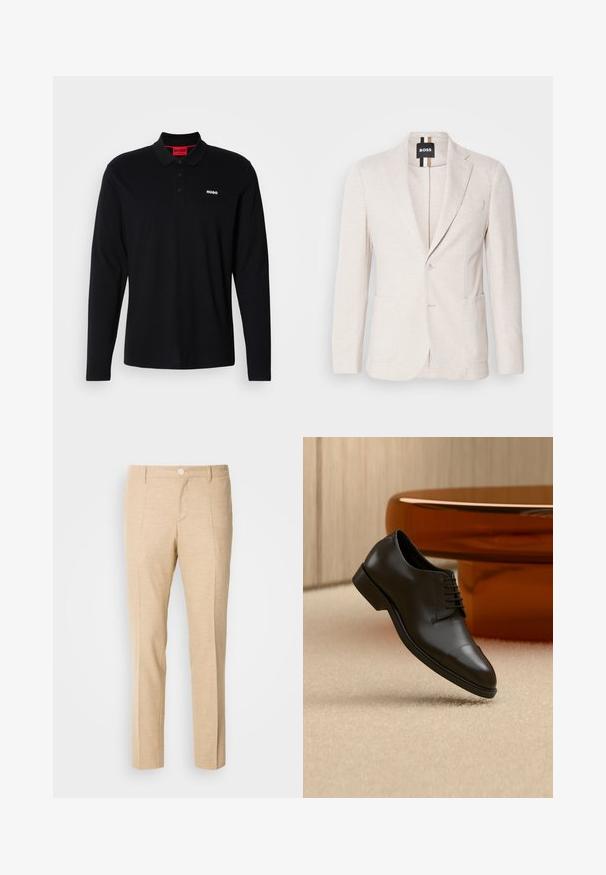 Lichtbeige blazer gemaakt van textuurstof, met een notch-lapel, twee voorzakken en een enkel knoopsluiting. Merktag zichtbaar aan de binnenkant.; Zwarte lange mouwen polo shirt van katoen, met een rode kraag en een drieknoopsluiting, voorzien van een wit "HUGO" logo op de borst.; Beige op maat gemaakte broeken van textuurstof, met een rechte pijpenontwerp, een dubbele plooi aan de voorkant en een enkele knoopsluiting in de taille.; Zwarte leren nette schoen met veters zwevend boven een beige tapijt, oranje ronde tafel op de achtergrond.