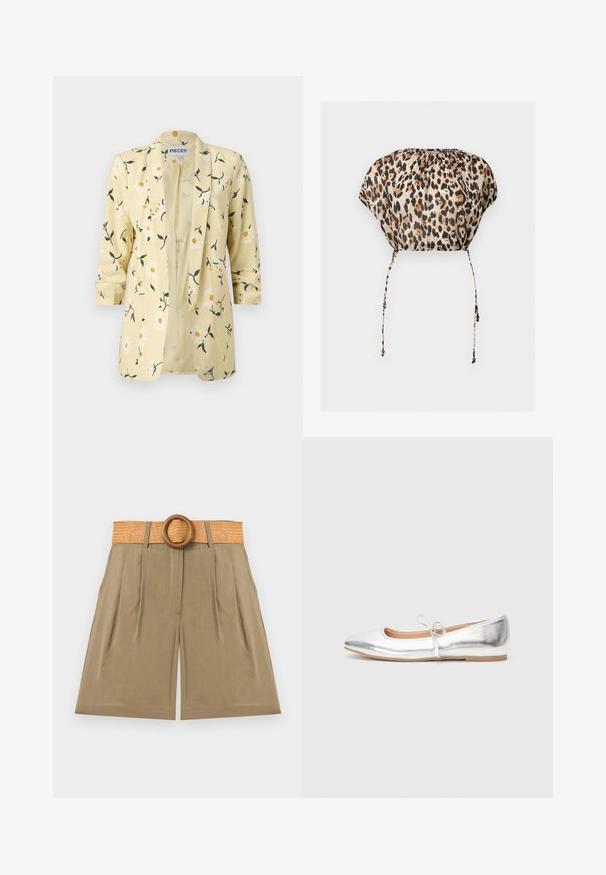Lysegul blazer med hvidt margueritmønster, lange ærmer med manchetter og åben front.; Kort leopardprintet top med snørelukning forneden og rynket halsudskæring, løstsiddende korte ærmer.; Beige shorts med høj talje, frontplisser og et bredt vævet bælte med en stor rund træspænde.; Sølv flad sko med spids tå, lavet af metallisk syntetisk materiale. Har en tynd strop med en dekorativ sløjfe. Glat tekstur.