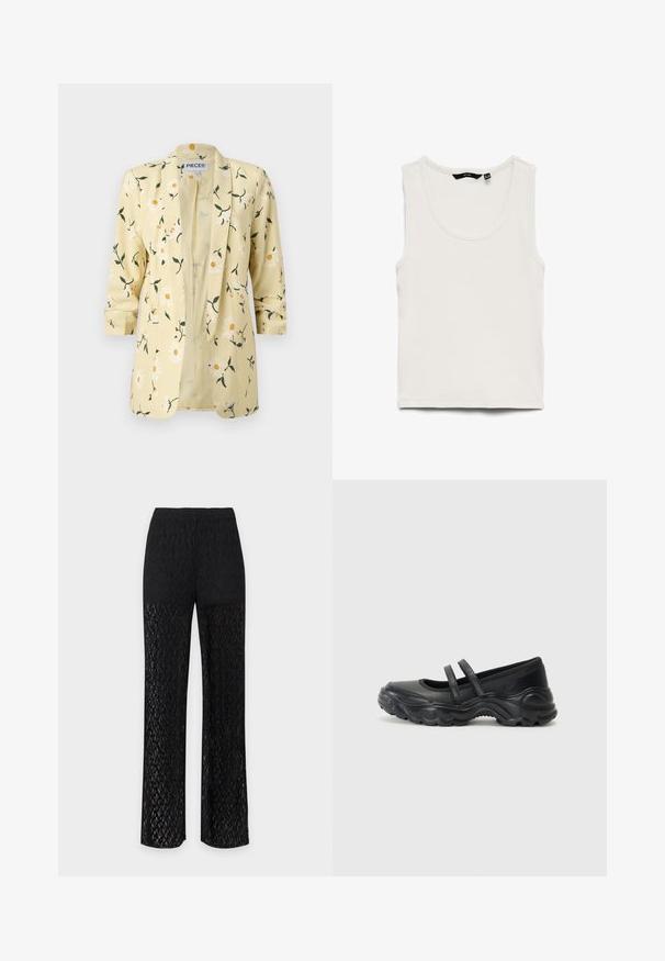 Lichtgele blazer met wit madeliefjesbloemmotief, lange mouwen met manchetknopen en een open voorpand.; Wit geribbeld tanktop met ronde halslijn en mouwloos ontwerp, plat gelegd op een witte achtergrond.; Zwarte hooggetailleerde kanten broek met een ondoorzichtige bovenvoering en doorzichtige wijde pijpen die vanaf halverwege de dij tot aan de zoom lopen.; Zwarte leren mary jane flats met twee verstelbare straps, een ronde neus en een gestructureerde rubberen zool voor extra grip.