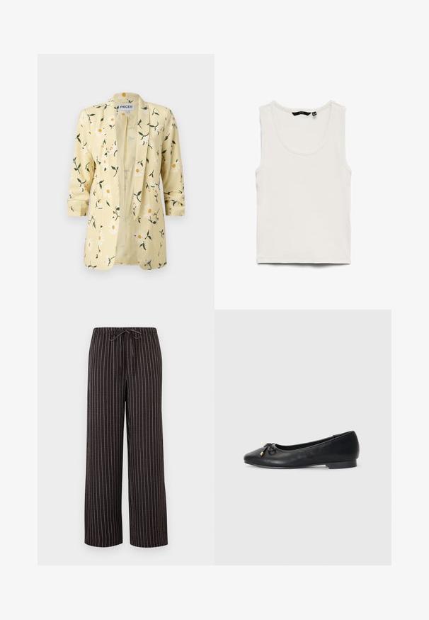 Lysegul blazer med hvidt margueritmønster, lange ærmer med manchetter og åben front.; Hvid ribbet tanktop med rund halsudskæring og ærmeløs design, lagt fladt på en hvid baggrund.; Sorte vidde bukser med tynde hvide lodrette striber og snor i taljen på en ensfarvet lys baggrund.; Sort læder balletflade med spids tå, med en lille sløjfedetail og gyldne accenter, samt en lav, rund hæl.