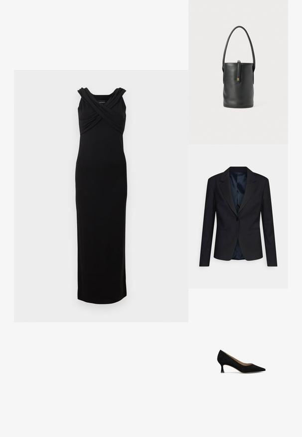 Blazer negro con un diseño estructurado, cierre de un solo botón, solapas de muesca y bolsillos laterales; cuenta con un suave forro interno de satén.; Vestido de noche negro sin mangas con silueta ajustada y detalle de tela drapeada en el escote y los hombros.; Zapato de tacón de ante negro con puntera afilada, tacón cuadrado bajo y forro interior suave. Diseño simple sin patrones ni acentos visibles.; Bolso cubo de cuero negro con textura suave, forma cilíndrica, asa corta y un acento de hardware en tono dorado en la parte frontal.