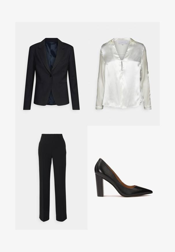 Sort blazer med et struktureret design, enkeltknaplukning, klapelit, og sidelommer; har et blødt, satin-for. ; STUDIO ID ALYSSA - Bluse - champagne; Sorte, lige bukser med en glat tekstur. Har en talje og ingen synlige mønstre eller accenter. Klassisk og skræddersyet design.; Sorte læder højhælede pumps med spids tå, tekstureret overflade og en kraftig blokhæl. Enkel design med en glat indvendig foring.