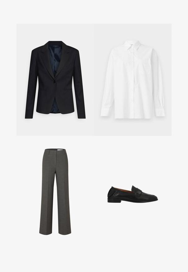 Blazer negro con un diseño estructurado, cierre de un solo botón, solapas de muesca y bolsillos laterales; cuenta con un suave forro interno de satén.; Camisa blanca de manga larga hecha de algodón, con un cuello clásico, cierre de botones y un bolsillo en el pecho del lado izquierdo.; Pantalones anchos de pierna ancha de color gris oscuro a medida con pliegue frontal y cinturilla con presillas sobre fondo blanco.; Mocasín negro de piel tipo slip-on con tacón bajo, punta redondeada y detalle de tira cosida en la parte superior.