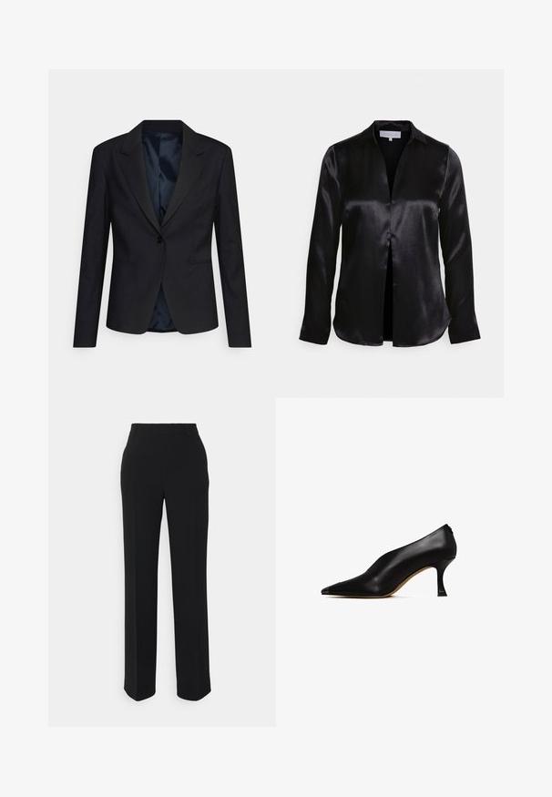 Blazer noir au design structuré, fermeture à bouton unique, revers crantés et poches latérales ; doté d'une doublure intérieure satinée douce.; STUDIO ID ALYSSA - Blouse - black; Pantalons noirs à jambes droites avec une texture lisse. Dotés d'une taille et sans motifs ou accents visibles. Design classique et ajusté.; Chaussure à talon haut en cuir noir avec un bout pointu et un talon fin et courbé. Présente une texture lisse et un design minimaliste.