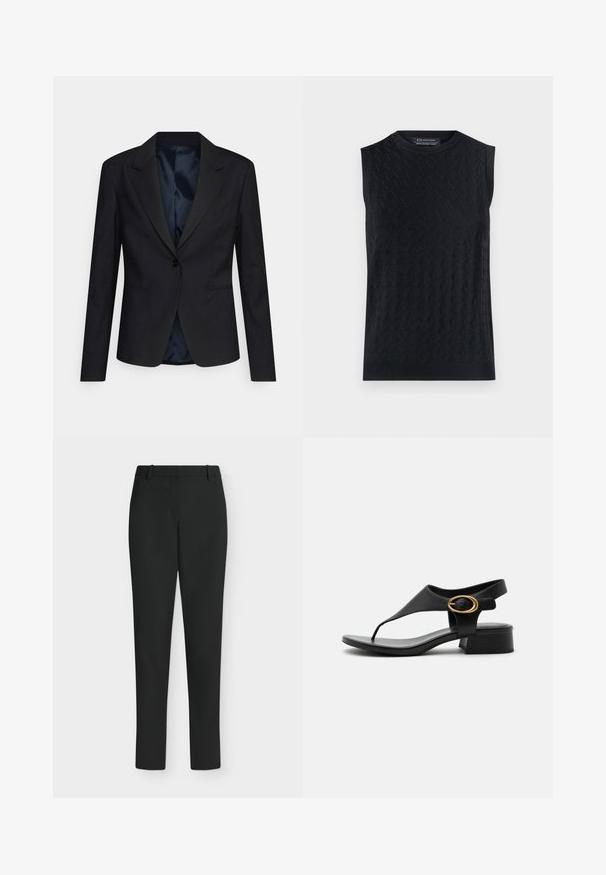 Zwarte blazer met een gestructureerd ontwerp, enkele knoopsluiting, notch revers en zijzakken; heeft een zachte, satijnen binnenvoering.; Zwarte mouwloze trui met een gestructureerd diamante patroon, geribbelde halslijn en zoom, gemaakt van een zachte gebreide stof.; Zwarte slim fit broek met riemlussen, voorrits en rechte pijpen, getoond tegen een witte achtergrond.; Zwart leren open-toe sandaal met lage blokhak, teenzoolriem en gouden ovale gesp aan de zijenkelriem.