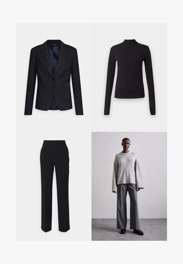 Blazer noir au design structuré, fermeture à bouton unique, revers crantés et poches latérales ; doté d'une doublure intérieure satinée douce.; Haut noir ajusté à manches longues avec col montant, présenté sur un fond gris clair uni.; Pantalons noirs à jambes droites avec une texture lisse. Dotés d'une taille et sans motifs ou accents visibles. Design classique et ajusté.; Pull en maille gris avec des manches larges et un ourlet côtelé, assorti à un pantalon gris taille haute avec un motif à carreaux discret et des mocassins noirs.