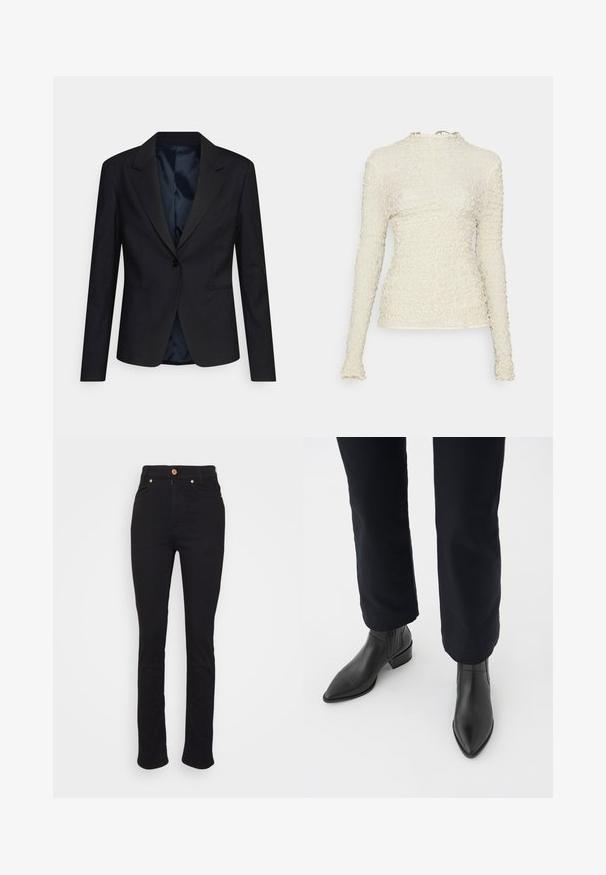 Sort blazer med et struktureret design, enkeltknaplukning, klapelit, og sidelommer; har et blødt, satin-for. ; Hofmann Copenhagen MIRELLA - Langærmet T-shirt - vanilla; BITE Studios EASY - Jeans Skinny Fit - black; Sorte læder ankelstøvler med spids tå, blokhæl og teksturerede sidepaneler, båret med mørke bukser mod en hvid baggrund.