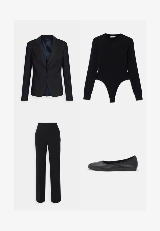 Blazer noir au design structuré, fermeture à bouton unique, revers crantés et poches latérales ; doté d'une doublure intérieure satinée douce.; Bodysuit noir à manches longues avec un col rond, design ajusté et fond style thong. Fabriqué en tissu doux et élastique pour plus de confort.; Pantalons noirs à jambes droites avec une texture lisse. Dotés d'une taille et sans motifs ou accents visibles. Design classique et ajusté.; Ballerines en cuir noir avec un bout rond, texture lisse, détails de couture minimalistes et design de semelle flexible.