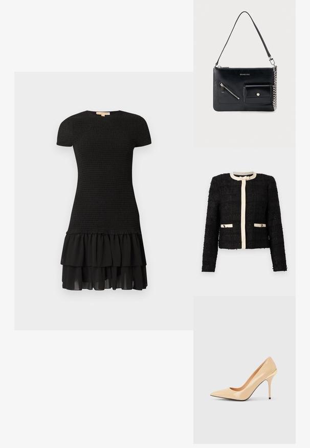 Veste en tweed noire avec bordure crème, encolure ronde, manches longues, nœud sur le devant, et deux poches boutonnées bordées de crème.; Robe noire à manches courtes, texture froncée sur le haut, et jupe à volants superposés. Confectionnée en tissu léger et fluide.; Escarpin à talon haut en cuir verni beige avec bout pointu et talon aiguille fin, orné d'un petit accent doré à l'arrière.; Sac à bandoulière en cuir noir Michael Kors avec fermeture éclair supérieure, poche avant zippée en diagonale, poche à rabat avec bouton-pression et détail en chaîne argentée.