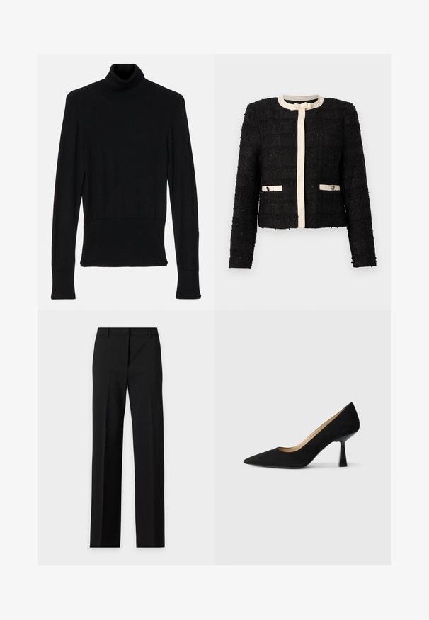 Schwarze Tweedjacke mit cremefarbenen Besätzen, rundem Ausschnitt, langen Ärmeln, vorderer Schleifendetail und zwei cremebesetzten, mit Knöpfen verschlossenen Taschen.; AERON TENDER LONG SLEEVED - Strickpullover - black; Schwarze Anzughose mit geradem Bein, Gürtelschlaufen und einer Falte an der Vorderseite jedes Beins vor einem einfarbigen hellen Hintergrund.; Schwarze Wildleder-Pumps mit hohem Absatz und spitzer Zehenform, ausgestattet mit einem glänzenden schwarzen Blockabsatz und einem glatten Innenfutter.