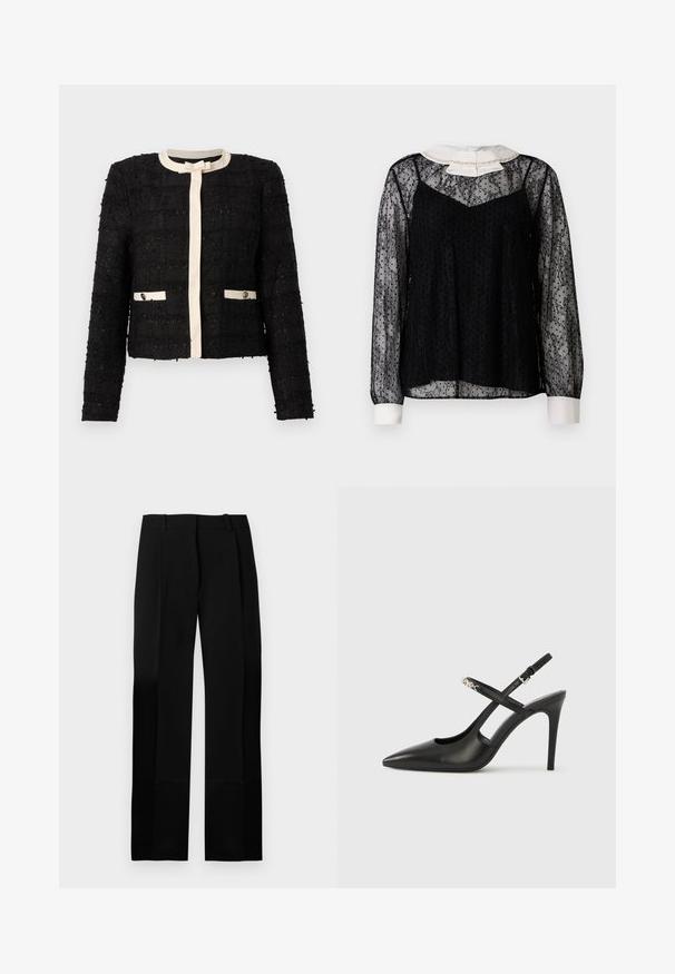 Veste en tweed noire avec bordure crème, encolure ronde, manches longues, nœud sur le devant, et deux poches boutonnées bordées de crème.; Blouse en dentelle noire à manches longues, col blanc avec un nœud et des ornements, finition texturée et silhouette ample.; Pantalon noir sur mesure avec une texture lisse, coupe droite et plis à l'avant. Comprend une ceinture plate sans quincaillerie visible.; Escarpins slingback en cuir noir avec bout pointu, design ajouré et bride ajustable ornée de ferrures métalliques.