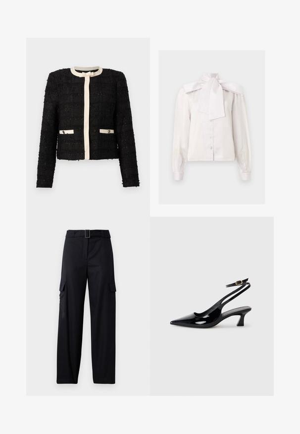 Veste en tweed noire avec bordure crème, encolure ronde, manches longues, nœud sur le devant, et deux poches boutonnées bordées de crème.; Blouse blanche à manches longues avec boutons, à fines rayures verticales et grand nœud décoratif au col haut.; Pantalons cargo noirs avec une coupe droite, dotés de deux poches latérales et d'une ceinture avec une boucle rectangulaire. Texture de tissu lisse.; Escarpins à brides arrière en cuir verni noir, à bout pointu, avec un petit talon carré et une sangle de cheville ajustable dotée d'une boucle dorée.