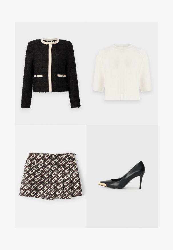 Sort tweedjakke med cremefarvet kant, rund halsudskæring, lange ærmer, sløjfedetalje foran og to knaplommer med cremefarvet kant.; Kortærmet strikket sweater i off-white. Har en ribbet halsudskæring og kant, med en afslappet pasform og blødt, tekstureret stof.; Mærkevarer shorts med et brunt og cremefarvet geometrisk mønster, to sidelommer og guldfarvede detaljer. Stof med en glat tekstur.; Sort læder stiletter med spids tå; har et metalisk guldakcent på tåkapperne. Glat overflade med et strømlinet design.