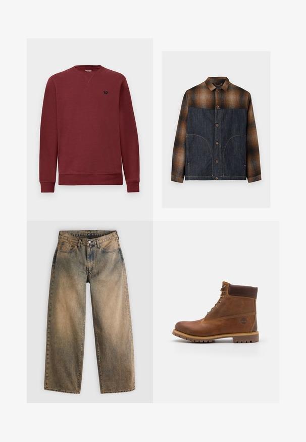 Bruin en zwart geruit overhemdjack met donkerblauw denim voorpaneel, knoopsluiting en kraag, plat gelegd op een lichte achtergrond.; Bordeaux sweatshirt met een ronde hals, lange mouwen, ribgebreide boorden en een boord onderaan. Voorzien van een klein zwart logo op de linkerborst.; Wijde spijkerbroek in een vervaagde bruine kleur met een lichte wassing. Voorzien van traditioneel ontwerp met vijf zakken en zichtbare stiksel-details.; Bruine leren wandelschoen met een gladde afwerking, gevoerde enkel, metalen oogjes en een rubberen zool met een robuust profiel.
