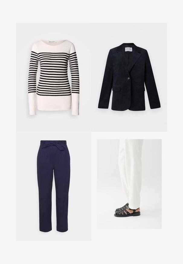 Blazer de pana azul marino con solapa con muesca, mangas largas, dos bolsillos delanteros, cierre de un solo botón y forro interior liso.; Camiseta de manga larga a rayas con rayas horizontales en blanco y negro, diseño de cuello barco y silueta ajustada. Material de mezcla de algodón.; Anna Field Petite Pantalones - dark blue; Persona con pantalones blancos y sandalias negras de cuero con punta abierta y hebilla, de pie sobre un fondo blanco.