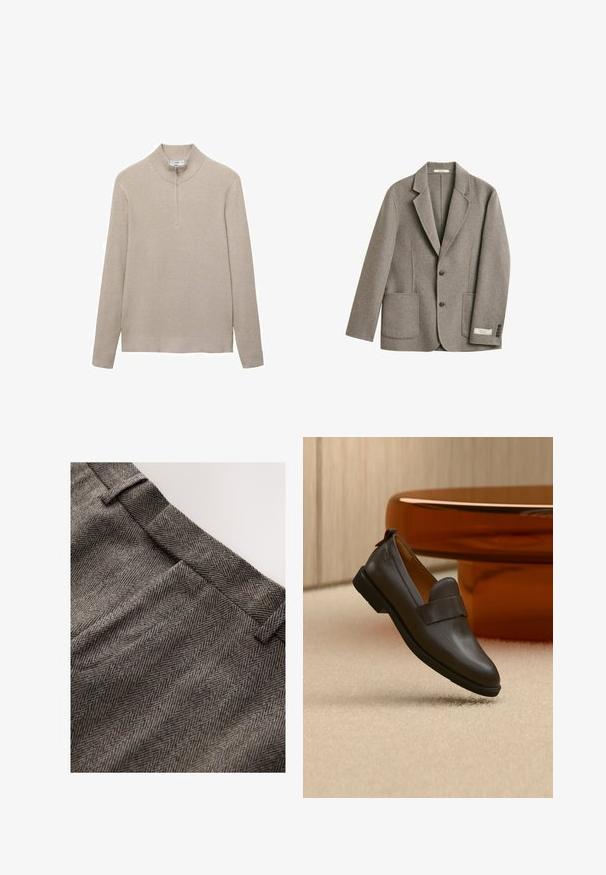 Americana gris de lana de un solo botón, con solapas de muesca, dos bolsillos frontales de parche, dos botones y puños abotonados sobre fondo blanco.; Suéter beige con canalé, cuello alto y cierre de media cremallera. Las mangas largas y el diseño ajustado del dobladillo realzan el aspecto texturizado.; Tela marrón con patrón de espiga y textura suave, con una pretina plana y pliegues sutiles en la parte delantera.; Mocasín de cuero marrón oscuro con un tacón bajo flotando sobre una alfombra beige, junto a una mesa brillante, redondeada y de color ámbar.
