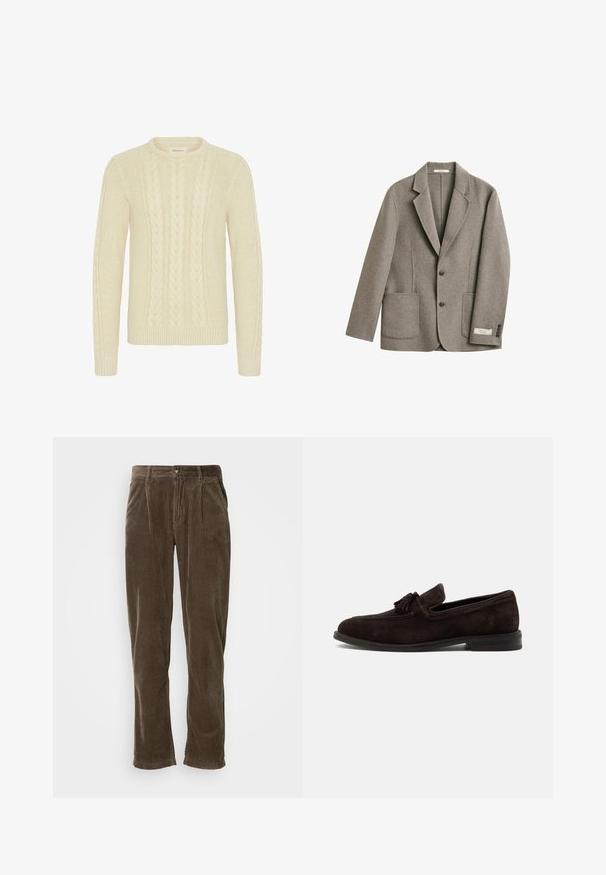 Blazer gris en laine à simple boutonnage, revers crantés, deux poches avant plaquées, deux boutons et poignets boutonnés sur fond blanc.; Blend BHBASIM - Pullover - oyster gray; Pantalon en velours côtelé marron avec une coupe droite, présentant des côtes verticales, une fermeture par bouton et deux plis à l'avant pour un détail supplémentaire.; Mocassin homme en daim brun foncé avec pompons, coutures apparentes et petit talon, présenté de profil sur un fond uni.